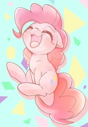 Size: 714x1024 | Tagged: safe, artist:kurogewapony, pinkie pie, earth pony, pony, g4, blushing, cute, diapinkes, eyes closed, floppy ears, happy, jumping, kurogewapony is trying to murder us with diapinkes, open mouth, open smile, ponk, simple background, smiling