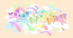 Size: 1300x676 | Tagged: safe, artist:celesse, applejack (g1), blossom, bubbles (g1), firefly, medley, minty (g1), earth pony, pegasus, pony, g1, cloud, cute, daaaaaaaaaaaw, female, mare, rainbow, simple background