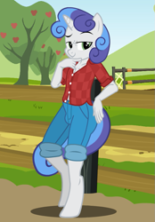 Size: 591x850 | Tagged: safe, artist:flash equestria photography, oc, oc only, oc:silver sweet, unicorn, anthro, unguligrade anthro, crotch bulge, fence, freckles, looking at you, male, show accurate, show accurate anthro, solo