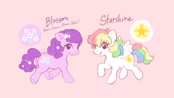 Size: 1200x675 | Tagged: safe, artist:celesse, blossom, starshine, earth pony, pegasus, pony, g1, female, redesign, simple background