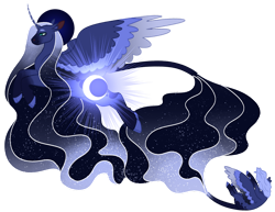 Size: 1280x989 | Tagged: safe, artist:s0ftserve, princess luna, alicorn, pony, g4, alternate design, alternate hairstyle, ethereal mane, ethereal tail, ethereal wings, headcanon in the description, simple background, solo, story in the source, transparent background, wings