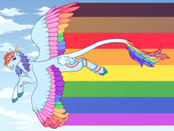 Size: 1280x960 | Tagged: safe, artist:s0ftserve, rainbow dash, pegasus, pony, g4, alternate design, butt, colored wings, lgbtq, multicolored wings, plot, pride flag, pride month, solo, spread wings, wings