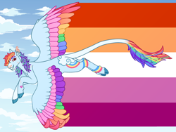 Size: 1280x960 | Tagged: safe, alternate version, artist:s0ftserve, rainbow dash, pegasus, pony, g4, alternate design, butt, colored wings, lesbian pride flag, multicolored wings, plot, pride, pride flag, pride month, solo, spread wings, wings