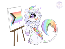 Size: 5319x4000 | Tagged: safe, artist:confetticakez, oc, oc only, oc:cloudy canvas, kirin, easel, kirin oc, mouth hold, paintbrush, pride, pride flag, rainbow colors, simple background, solo, underhoof, white background