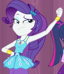 Size: 630x726 | Tagged: safe, screencap, rarity, sci-twi, twilight sparkle, equestria girls, g4, my little pony equestria girls: better together, stressed in show, :s, armpits, arms in the air, belt, blue eyes, blue eyeshadow, clothes, cropped, cutie mark on clothes, eyeshadow, female, frilly design, geode of shielding, gold, hairpin, hands in the air, jewelry, light skin, magical geodes, makeup, pencil skirt, pendant, purple hair, rarity peplum dress, skirt, sleeveless, tank top, wavy mouth