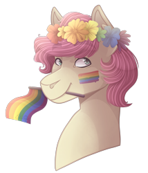 Size: 2400x2800 | Tagged: safe, artist:monnarcha, oc, oc only, oc:parker, earth pony, pony, bust, face paint, floral head wreath, flower, gay pride flag, high res, male, mouth hold, portrait, pride, pride flag, simple background, smiling, solo, stallion, transparent background