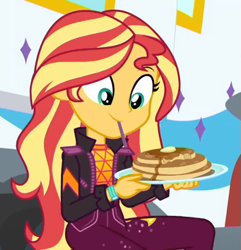 Size: 501x519 | Tagged: safe, screencap, sunset shimmer, equestria girls, g4, my little pony equestria girls: better together, wake up!, wake up!: applejack, cropped, cute, food, pancakes, shimmerbetes, solo