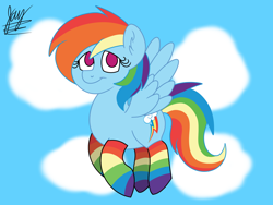 Size: 1600x1200 | Tagged: safe, artist:jay_wackal, rainbow dash, pegasus, pony, g4, backwards cutie mark, clothes, cloud, flying, rainbow socks, socks, solo, striped socks