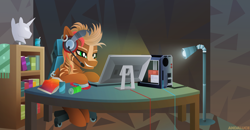 Size: 1848x960 | Tagged: safe, artist:andaluce, oc, oc only, oc:aero, hybrid, pony, zebra, zony, computer, desk, headset, lineless, solo