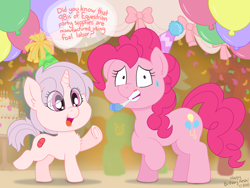 Size: 4032x3024 | Tagged: safe, artist:wispy tuft, fizzlepop berrytwist, lyra heartstrings, minuette, pinkie pie, tempest shadow, oc, oc:red pill, earth pony, pony, unicorn, g4, balloon, birthday, cake, cute, dialogue, female, filly, foal, food, hat, nervous, party, party hat, party hats, party horn, red pill, smiling, sweat, sweatdrop, text