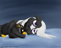 Size: 1400x1100 | Tagged: safe, artist:rockhoppr3, oc, oc only, oc:ace hearts, bird, earth pony, penguin, pony, crying, frown, pillow pet, plushie, sad, solo, unshorn fetlocks