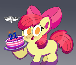 Size: 4000x3432 | Tagged: safe, artist:3barts, apple bloom, earth pony, pony, g4, birthday, cake, female, filly, food, looking at you, offscreen character, pov, solo, speech bubble