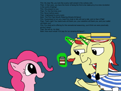 Size: 1500x1125 | Tagged: safe, artist:blazewing, flam, flim, pinkie pie, pony, unicorn, g4, atg 2021, bowtie, clothes, drawpile, facial hair, flim flam brothers, happy, hat, levitation, magic, mare, moustache, newbie artist training grounds, open mouth, scam, shirt, smiling, spice, stallion, talking, telekinesis, text