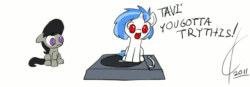 Size: 1280x444 | Tagged: safe, artist:valcron, dj pon-3, octavia melody, vinyl scratch, earth pony, pony, unicorn, g4, 2011, animated, duo, female, filly, foal, frame by frame, loop, open mouth, record player, simple background, spinning, text, turntable pony, white background, younger