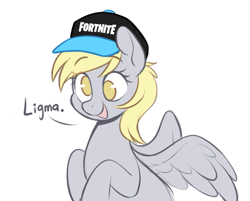 Size: 747x602 | Tagged: safe, artist:higglytownhero, derpy hooves, pegasus, pony, g4, baseball cap, cap, cute, derpabetes, female, fortnite, hat, ligma, mare, meme, open mouth, simple background, solo, white background, wings