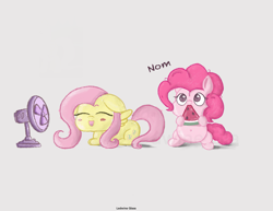 Size: 2653x2048 | Tagged: safe, alternate version, artist:ledwine glass, fluttershy, pinkie pie, earth pony, pegasus, pony, g4, belly, belly button, big ears, big eyes, blushing, chibi, chubby, chubby cheeks, cute, diapinkes, eyes closed, fan, food, happy, herbivore, high res, nom, open mouth, open smile, shyabetes, simple background, smiling, tiny, tiny ponies, watermark, watermelon, wings