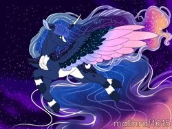 Size: 1200x900 | Tagged: safe, artist:malinraf1615, princess luna, pony, g4, alternate design, colored wings, multicolored wings, night, solo, wings