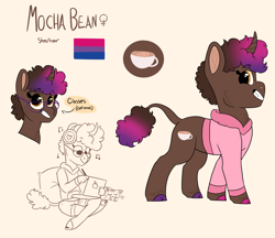 Size: 2200x1903 | Tagged: safe, artist:moccabliss, oc, oc only, oc:mocha bean, unicorn, anthro, bisexual pride flag, clothes, cloven hooves, curved horn, female, glasses, hoodie, horn, leonine tail, mare, pride, pride flag, solo