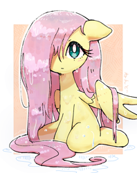 Size: 1190x1500 | Tagged: safe, artist:fuyugi, fluttershy, pegasus, pony, g4, blushing, cute, daaaaaaaaaaaw, female, floppy ears, hair over one eye, looking at you, mare, shyabetes, sitting, solo, water, wet, wet mane, white pupils