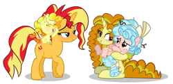 Size: 6857x3320 | Tagged: source needed, safe, artist:cherritoppu, adagio dazzle, cozy glow, sunset shimmer, oc, oc:twinkle topaz, pegasus, pony, unicorn, equestria girls, g4, a better ending for cozy, baby, crying, disguise, disguised siren, equestria girls ponified, family, female, filly, grin, holding a pony, horn, hug, lesbian, magical lesbian spawn, mare, offspring, parent:adagio dazzle, parent:sunset shimmer, parents:sunsagio, ponified, ship:sunsagio, shipping, simple background, siren oc, smiling, transparent background, wings