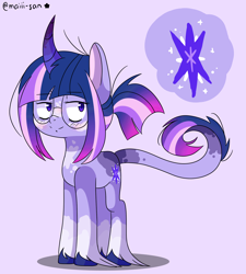 Size: 1690x1876 | Tagged: source needed, safe, artist:cherritoppu, twilight sparkle, pony, unicorn, g4, alternate design, female, glasses, horn, leonine tail, mare, purple background, simple background, smiling, solo, unicorn twilight, unshorn fetlocks