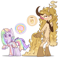 Size: 6641x6484 | Tagged: source needed, safe, artist:cherritoppu, oc, oc only, hybrid, pony, unicorn, anthro, unguligrade anthro, absurd resolution, anthro with ponies, clothes, duo, eyelashes, female, horn, interspecies offspring, magical lesbian spawn, mare, multicolored hair, offspring, parent:discord, parent:princess luna, parent:rainbow dash, parent:twilight sparkle, parents:lunacord, parents:twidash, rainbow hair, simple background, smiling, thinking, transparent background, unicorn oc