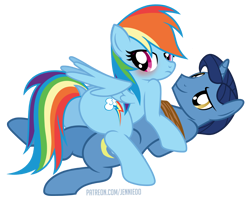 Size: 1200x959 | Tagged: safe, alternate version, artist:jennieoo, night light, rainbow dash, pegasus, pony, unicorn, g4, blushing, bondage, butt, duo male and female, female, infidelity, male, mare, on top, plot, show accurate, simple background, stallion, transparent background, vector
