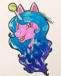 Size: 1080x1350 | Tagged: safe, artist:sweetpea-and-friends, izzy moonbow, pony, unicorn, g5, ball, bust, female, horn, horn guard, horn impalement, hornball, izzy's tennis ball, mare, open mouth, signature, solo, tennis ball, traditional art