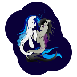 Size: 2449x2449 | Tagged: safe, artist:zomgitsalaura, dj pon-3, octavia melody, vinyl scratch, earth pony, pony, seapony (g4), unicorn, g4, blue background, dorsal fin, eyes closed, female, fish tail, flowing mane, flowing tail, glowing horn, high res, horn, looking at each other, purple eyes, seaponified, seapony octavia, seapony vinyl scratch, simple background, smiling, species swap, tail, transparent background
