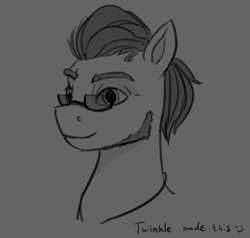 Size: 877x836 | Tagged: safe, artist:twinklesunnysun, argyle starshine, earth pony, pony, g5, bust, dialogue, glasses, jewelry, male, monochrome, necklace, solo, stallion