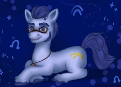 Size: 3000x2160 | Tagged: safe, artist:twinklesunnysun, argyle starshine, earth pony, pony, g5, abstract background, glasses, high res, jewelry, looking at you, male, necklace, smiling, solo, stallion, unshorn fetlocks