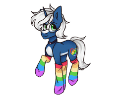 Size: 2500x2000 | Tagged: safe, artist:canada_cho_nado, oc, oc only, oc:passi deeper, pony, unicorn, choker, clothes, coat markings, eyebrows, femboy, glasses, green eyes, high res, horn, looking at you, male, rainbow socks, raised leg, simple background, smiling, smiling at you, socks, solo, stallion, stockings, striped socks, thigh highs, transparent background, unicorn oc