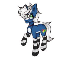Size: 2500x2000 | Tagged: safe, artist:canada_cho_nado, oc, oc only, oc:passi deeper, pony, unicorn, choker, clothes, coat markings, eyebrows, femboy, glasses, green eyes, high res, horn, looking at you, male, raised leg, simple background, smiling, smiling at you, socks, solo, stallion, stockings, striped socks, thigh highs, transparent background, unicorn oc