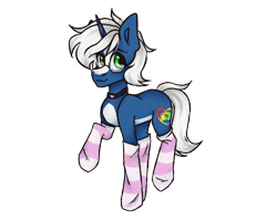 Size: 2500x2000 | Tagged: safe, artist:canada_cho_nado, oc, oc only, oc:passi deeper, pony, unicorn, choker, clothes, coat markings, eyebrows, femboy, glasses, green eyes, high res, horn, looking at you, male, raised leg, simple background, smiling, smiling at you, socks, solo, stallion, stockings, striped socks, thigh highs, transparent background, unicorn oc