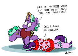 Size: 2344x1676 | Tagged: safe, artist:bobthedalek, firelight, starlight glimmer, pony, unicorn, g4, atg 2021, clothes, duo, father and child, father and daughter, fathers gonna father, female, magic, male, mare, newbie artist training grounds, stallion, sweater, telekinesis, this will end in tears