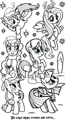 Size: 1016x1834 | Tagged: dead source, safe, part of a set, applejack, fluttershy, pinkie pie, rainbow dash, rarity, twilight sparkle, alicorn, earth pony, pegasus, pony, unicorn, g4, official, black and white, boots, christmas, clothes, coloring book, female, flying, grayscale, hat, hearth's warming eve coloring book, holiday, indexed png, mane six, mare, monochrome, rearing, santa hat, scan, scarf, shoes, simple background, snow, stock vector, twilight sparkle (alicorn), white background, winter hat