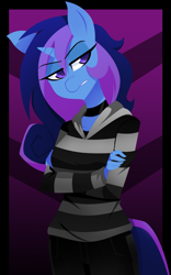 Size: 1277x2047 | Tagged: source needed, safe, artist:xan-gelx, oc, oc only, oc:aurora shine (loe), unicorn, anthro, clothes, female, horn, solo, unamused