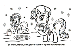 Size: 1688x1088 | Tagged: safe, part of a set, rarity, sweetie belle, pony, unicorn, g4, official, black and white, chocolate, clothes, coloring book, cookie, earmuffs, female, filly, food, grayscale, hat, hearth's warming eve coloring book, hot chocolate, indexed png, mare, monochrome, scan, scarf, simple background, snow, stock vector, white background