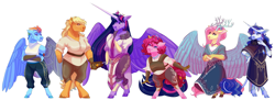 Size: 5500x2000 | Tagged: safe, artist:uunicornicc, applejack, fluttershy, pinkie pie, rainbow dash, rarity, twilight sparkle, alicorn, draconequus, earth pony, pegasus, unicorn, anthro, unguligrade anthro, fanfic:my little pony: the unexpected future, g4, amputee, antlers, clothes, draconequified, female, flutterequus, mane six, missing eye, missing hand, prosthetics, scar, simple background, size difference, species swap, twilight sparkle (alicorn), white background