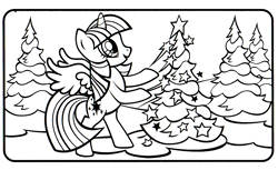Size: 1780x1086 | Tagged: safe, part of a set, twilight sparkle, alicorn, pony, g4, official, black and white, christmas, christmas tree, coloring book, female, grayscale, hearth's warming eve coloring book, holiday, indexed png, mare, monochrome, scan, simple background, stock vector, tree, twilight sparkle (alicorn), white background