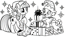 Size: 1732x991 | Tagged: safe, part of a set, spike, twilight sparkle, alicorn, dragon, pony, g4, official, bell, black and white, coloring book, elf hat, female, grayscale, hat, hearth's warming eve coloring book, indexed png, mare, monochrome, present, scan, simple background, stars, stock vector, twilight sparkle (alicorn), white background