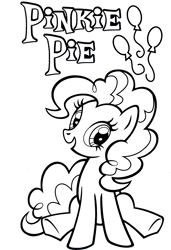 Size: 1166x1702 | Tagged: safe, part of a set, pinkie pie, earth pony, pony, g4, official, balloon, black and white, coloring book, cute, cutie mark, female, grayscale, hearth's warming eve coloring book, indexed png, mare, monochrome, scan, simple background, sitting, solo, stock vector, white background