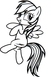 Size: 1099x1648 | Tagged: safe, part of a set, rainbow dash, pegasus, pony, g4, official, black and white, coloring book, dreamworks face, female, flying, grayscale, hearth's warming eve coloring book, indexed png, mare, monochrome, scan, simple background, solo, stock vector, white background