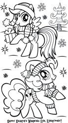 Size: 968x1754 | Tagged: safe, part of a set, pinkie pie, rainbow dash, earth pony, pegasus, pony, g4, official, black and white, clothes, coloring book, cute, dashabetes, diapinkes, female, grayscale, hat, hearth's warming eve, hearth's warming eve coloring book, indexed png, mare, monochrome, pine tree, present, scan, scarf, simple background, snow, snowflake, sparkles, stock vector, sweater, tree, white background, winter hat