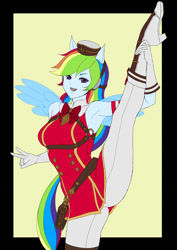 Size: 800x1132 | Tagged: safe, alternate version, artist:ecchiningyon, rainbow dash, equestria girls, g4, abstract background, armpits, bowtie, breasts, busty rainbow dash, clothes, cosplay, costume, female, gold ship, hat, high heels, multiple variants, peace sign, ponied up, sexy, shoes, smiling, solo, splits, standing, standing splits, stupid sexy rainbow dash, uma musume pretty derby