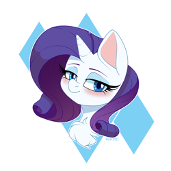 Size: 900x900 | Tagged: safe, artist:alexsc112, rarity, pony, unicorn, g4, blushing, bust, chest fluff, cute, cutie mark background, portrait, raribetes, simple background, solo, white background