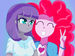 Size: 1024x768 | Tagged: dead source, safe, artist:superiorinfamea, maud pie, pinkie pie, equestria girls, g4, 2016, blue background, bust, clothes, duo, eyes closed, female, grin, peace sign, siblings, simple background, sisters, smiling