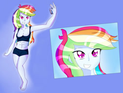 Size: 1600x1200 | Tagged: dead source, safe, artist:superiorinfamea, rainbow dash, equestria girls, g4, abs, armpits, barefoot, bust, cellphone, clothes, duo, eyelashes, feet, female, grin, phone, selfie, shorts, smartphone, smiling, sports bra