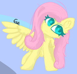 Size: 3082x2974 | Tagged: safe, artist:vinca, fluttershy, pegasus, pony, g4, cute, daaaaaaaaaaaw, ear fluff, female, high res, mare, scratching, shyabetes, signature, sitting, solo, stray strand, wings