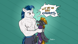 Size: 3934x2213 | Tagged: safe, artist:helmie-art, oc, oc only, oc:blaze (shadowbolt), oc:whirlwind flux, pegasus, pony, anthro, abs, angry, anthro with ponies, clothes, costume, cross-popping veins, high res, holding a pony, male, male nipples, muscles, muscular male, nipples, open mouth, partial nudity, shadowbolts costume, shorts, smiling, topless, vein, vein bulge, yelling